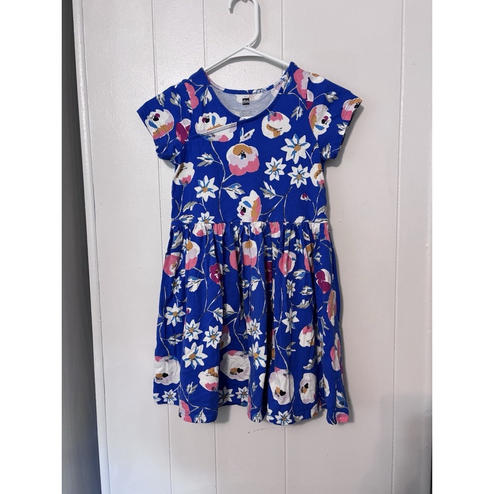Tea Brand Girls Short Sleeve Wrap Neck Dress Size 8 Blue Floral Colorful Cotton - Picture 2 of 12